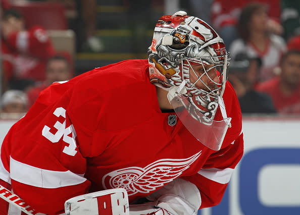 DETROIT, MI - APRIL 17: Petr Mrazek #34 of the Detroit Red Wings looks on during a face-off in the first period of Game Three of the Eastern Conference Quarterfinals during the 2016 NHL Stanley Cup Playoffs at Joe Louis Arena on April 17, 2016 in Detroit, Michigan. (Photo by Gregory Shamus/Getty Images)