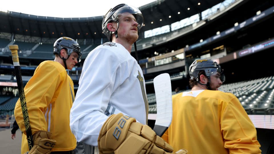 Jack Eichel looks on during practice before the Winter Classic. - Steph Chambers/Getty Images