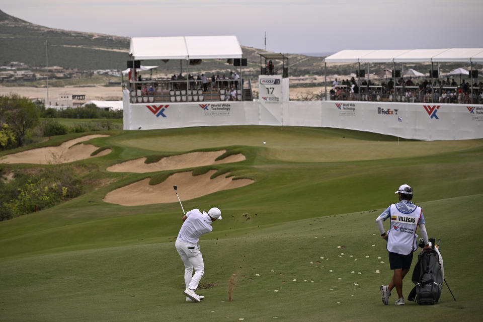 Camilo Villegas of Colombia plays a shot on the 17th hole during the third round of the World Wide Technology Championship at El Cardonal at Diamante on November 04, 2023 in Cabo San Lucas, Mexico, Mexico. (Photo by Orlando Ramirez/Getty Images)