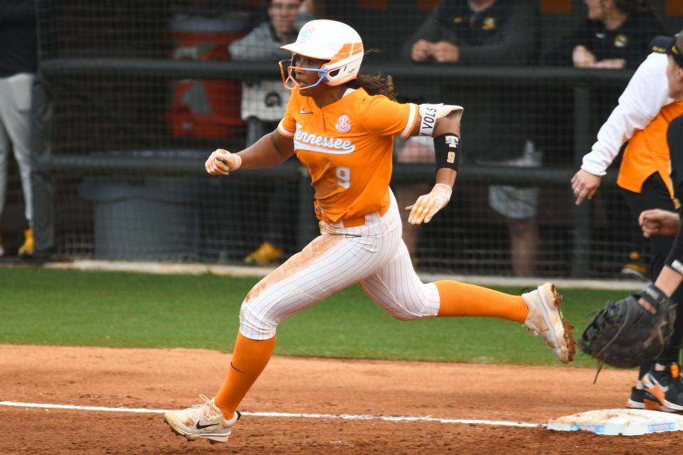 Tennessee outfielder Kiki Milloy (9) runs to second base during a NCAA softball game at the Sherri Parker Lee Stadium in Knoxville, Tenn. on Friday, March 15, 2024. The Lady Vols won 9-0 against Missouri.