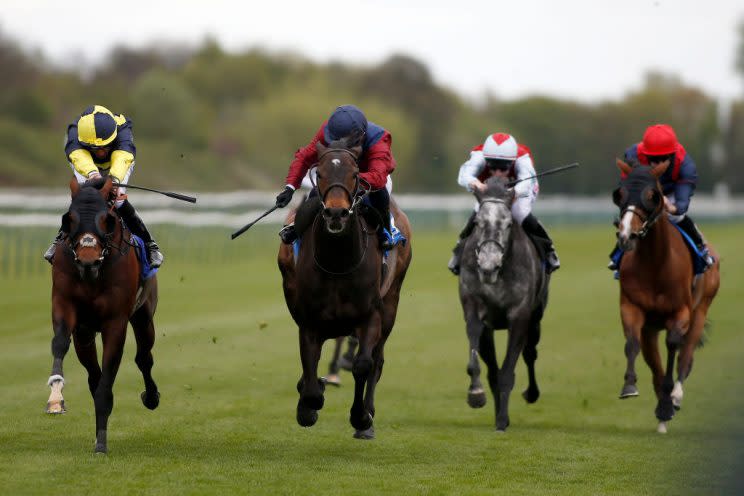 NOTTINGHAM, ENGLAND – APRIL 12: Silvestre De Sousa riding Elidor (C) win The totepool Barry Hills Further Flight Stakes from Wall Of Fire (L) at Nottingham Racecourse on April 12, 2017 in Nottingham, England. (Photo by Alan Crowhurst/Getty Images)