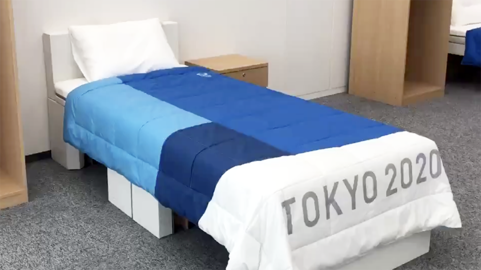 The cardboard beds, pictured here in the athletes village for the Tokyo 2020 Olympics.