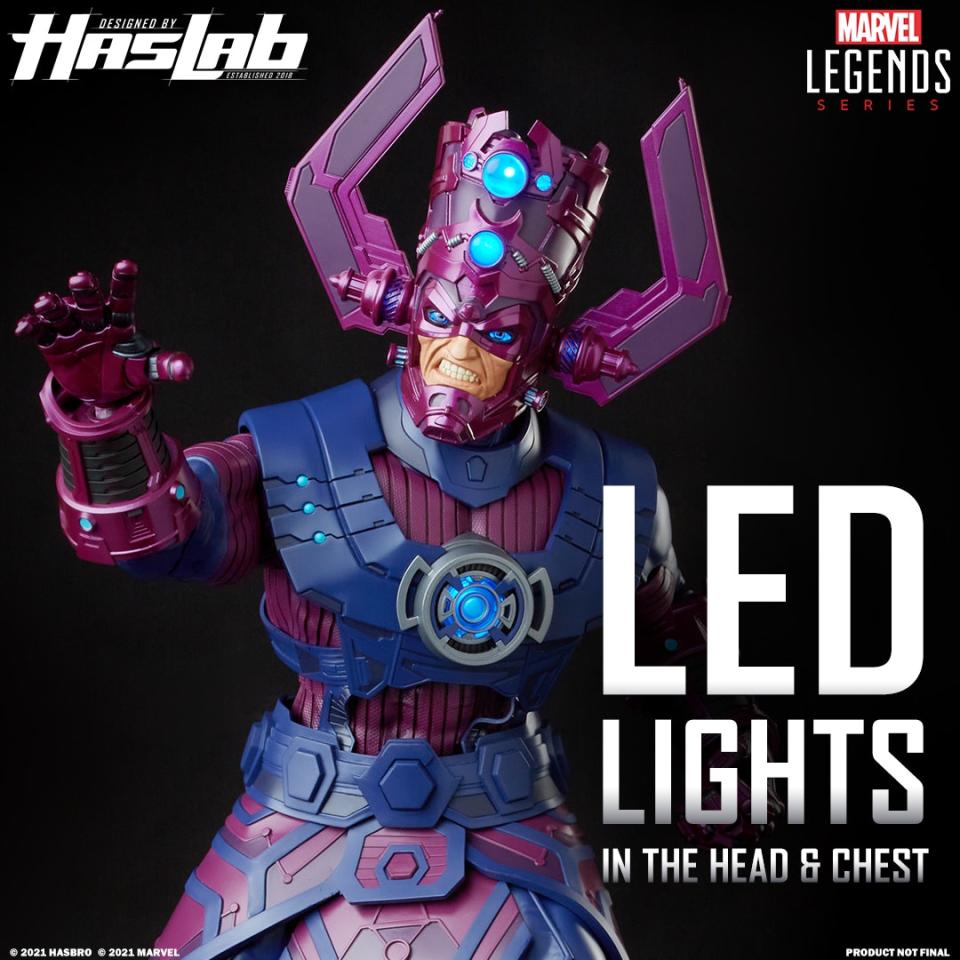 A Marvel Legends Galactus action figure holding up his hand and looking angry.