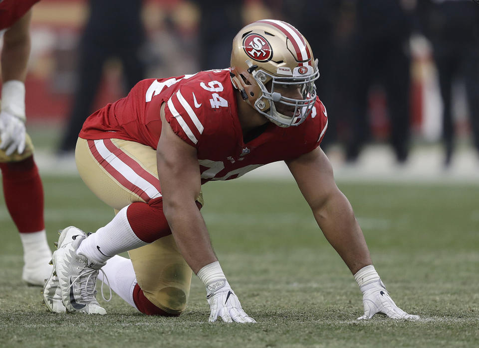 The San Francisco 49ers are reportedly trying to trade Solomon Thomas, the No. 3 pick in the 2017 draft. (AP)