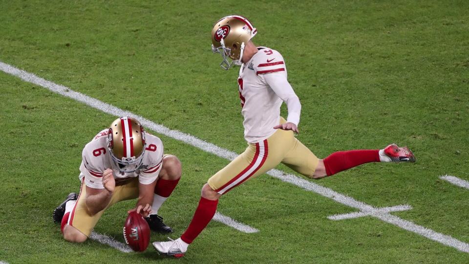 Mandatory Credit: Photo by Mario Houben/CSM/Shutterstock (10546666cf)San Francisco 49ers kicker Robbie Gould (9) goes for the field goal with the ball held by punter Mitch Wishnowsky (6) during the Super Bowl LIV at the Hard Rock Stadium in Miami Gardens, FloridaNFL - Super Bowl 54: 49ers vs Chiefs, Miami Gardens, USA - 02 Feb 2020.