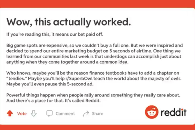 Reddit's 5-Second Super Bowl Ad Rallies Users, References GameStop Stock  Drama