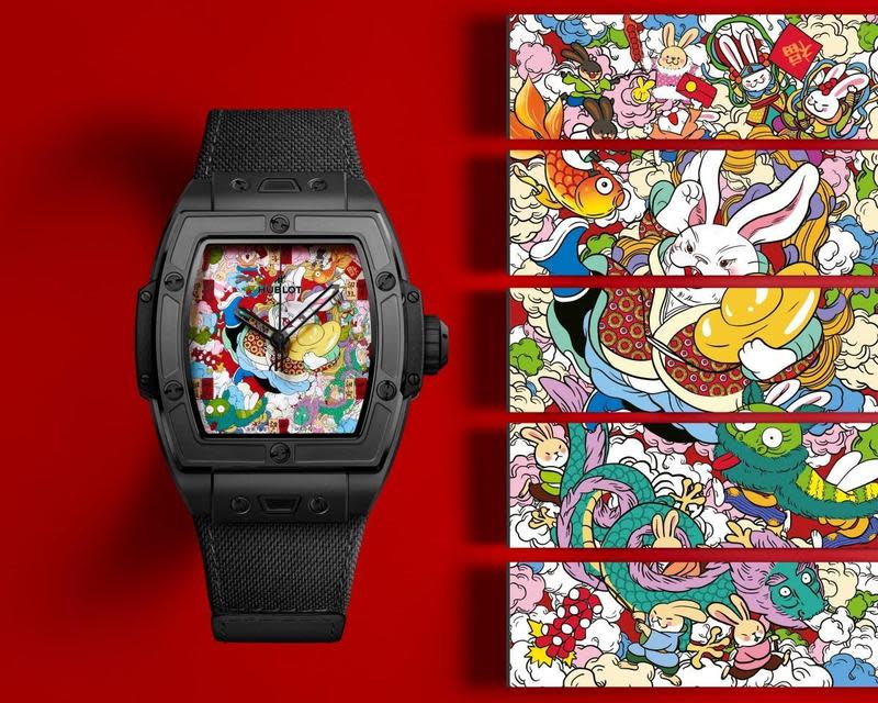 HUBLOT宇舶 Spirit of Big Bang Happy 兔-Gather 黑陶瓷兔年錶，與中國藝術家文那合作，繪製一幅結合壁畫、塗鴉與山海經神話的吉祥兔年畫作。