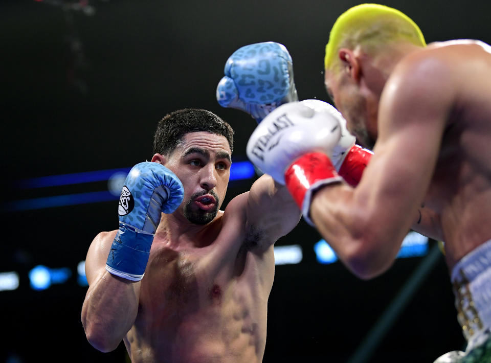 NEW YORK, NEW YORK - JANUARY 25:  Danny Garcia (L) punches Ivan Redkach during their WBC silver world welterweight title eliminator at Barclays Center on January 25, 2020 in New York City. (Photo by Steven Ryan/Getty Images)