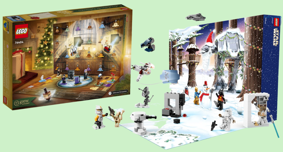 A Harry Potter themed LEGO advent calendar and a Star Wars themed advent calendar on a green background