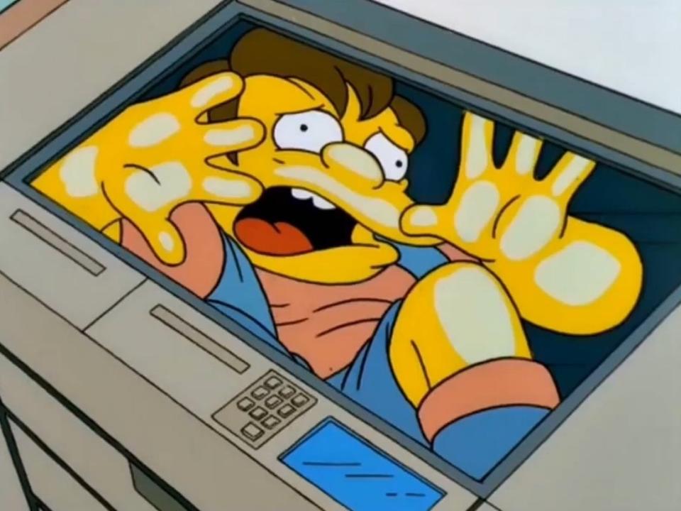 Nelson Muntz gets trapped in a copy machine I'm “Treehouse of Horror X”