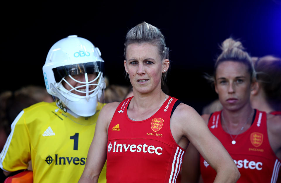 JOHANNESBURG, SOUTH AFRICA - JULY 12:  Alex Danson of England looks on from inside the tunnel area during day 3 of the FIH Hockey World League Semi Finals Pool A match between Japan and England at Wits University on July 12, 2017 in Johannesburg, South Africa.  (Photo by Jan Kruger/Getty Images for FIH)