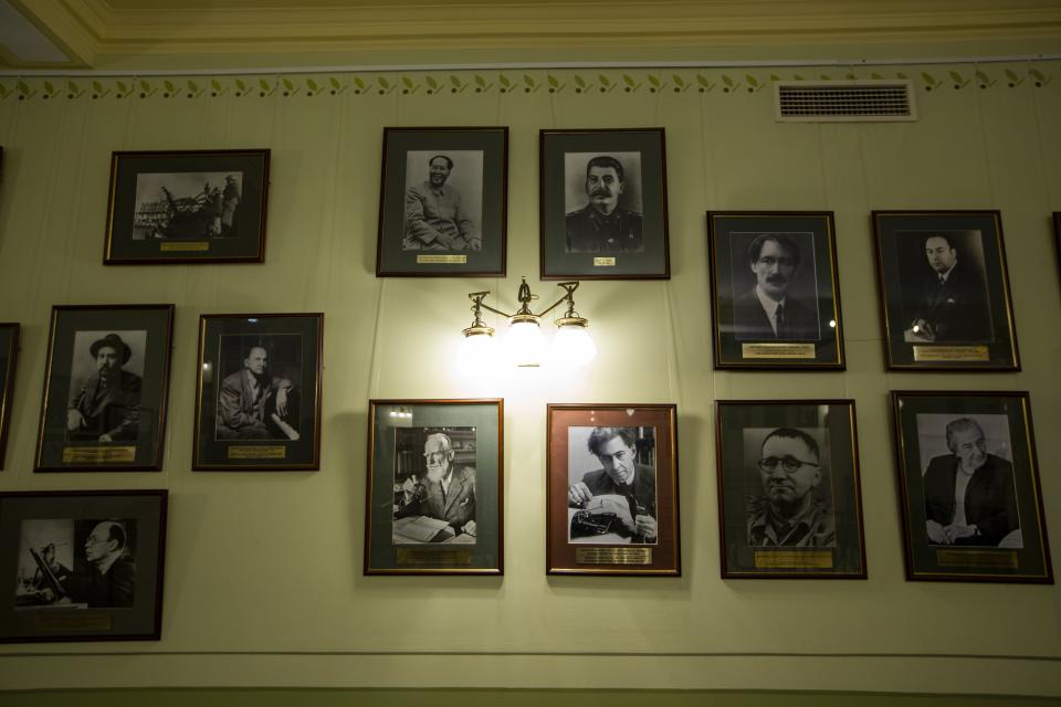 In this photo taken on Thursday, Feb. 21, 2019, portraits of Revolutionary leaders including Chinese leader Mao Zedong, Soviet leader Joseph Stalin and other prominent revolutionaries politicians are seen on the wall inside Moscow's iconic Metropol Hotel in Moscow, Russia. The Metropol, across the street from the Bolshoi Theater and 500 meters from Red Square, became a favorite with world leaders and celebrities. In 2009, U.S. President Barak Obama also gave a speech at the hotel. (AP Photo/Alexander Zemlianichenko)