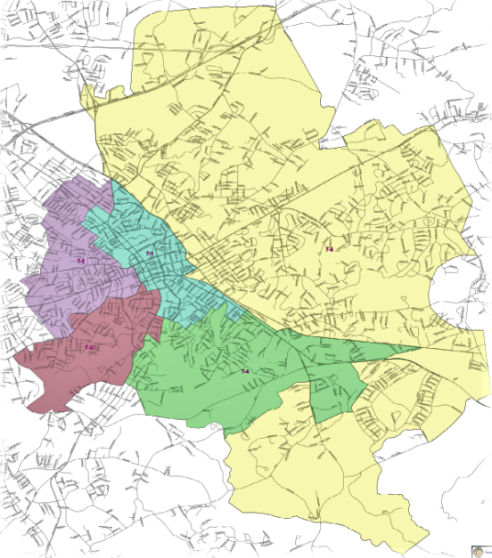 The current map showing four smaller sub-districts with four board members and one large sub-district with five board members in Spartanburg School District 7.