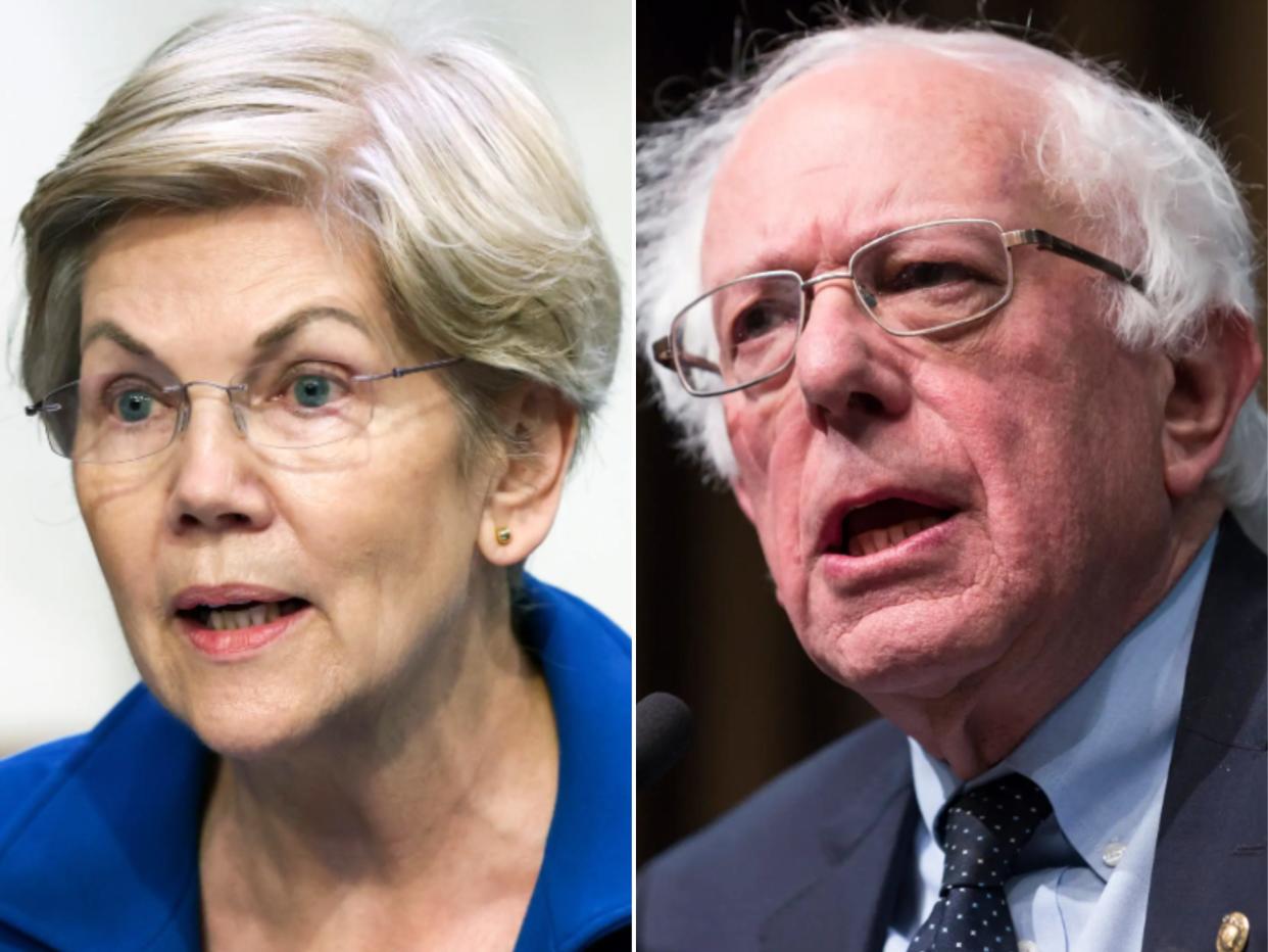 A composite photo of Elizabeth Warren, at left, and Bernie Sanders
