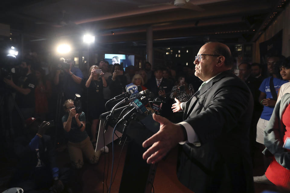 Allan Domb, a candidate for the Democratic nomination to Philadelphia mayor, speaks to supporters at his primary-night party Tuesday, May 16, 2023, in Philadelphia. Cherelle Parker won the Democratic nomination. (David Maialetti/The Philadelphia Inquirer via AP)