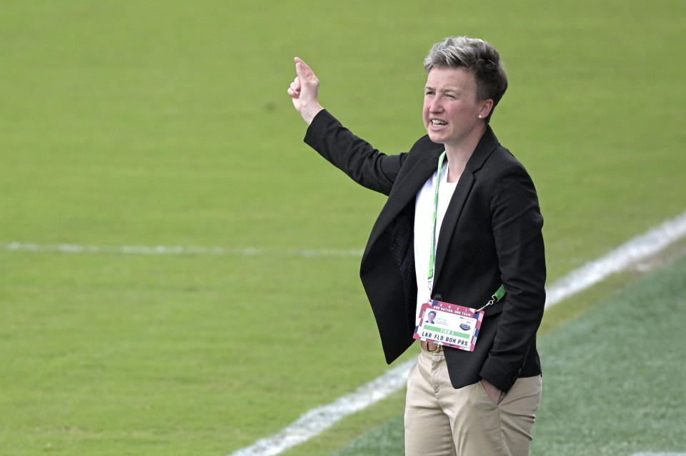 Canada head coach Deb Priestman calls out instructions during the first half of a SheBelieves Cup women's soccer match against Brazil, Wednesday, Feb. 24, 2021, in Orlando, Fla. (AP Photo/Phelan M. Ebenhack)