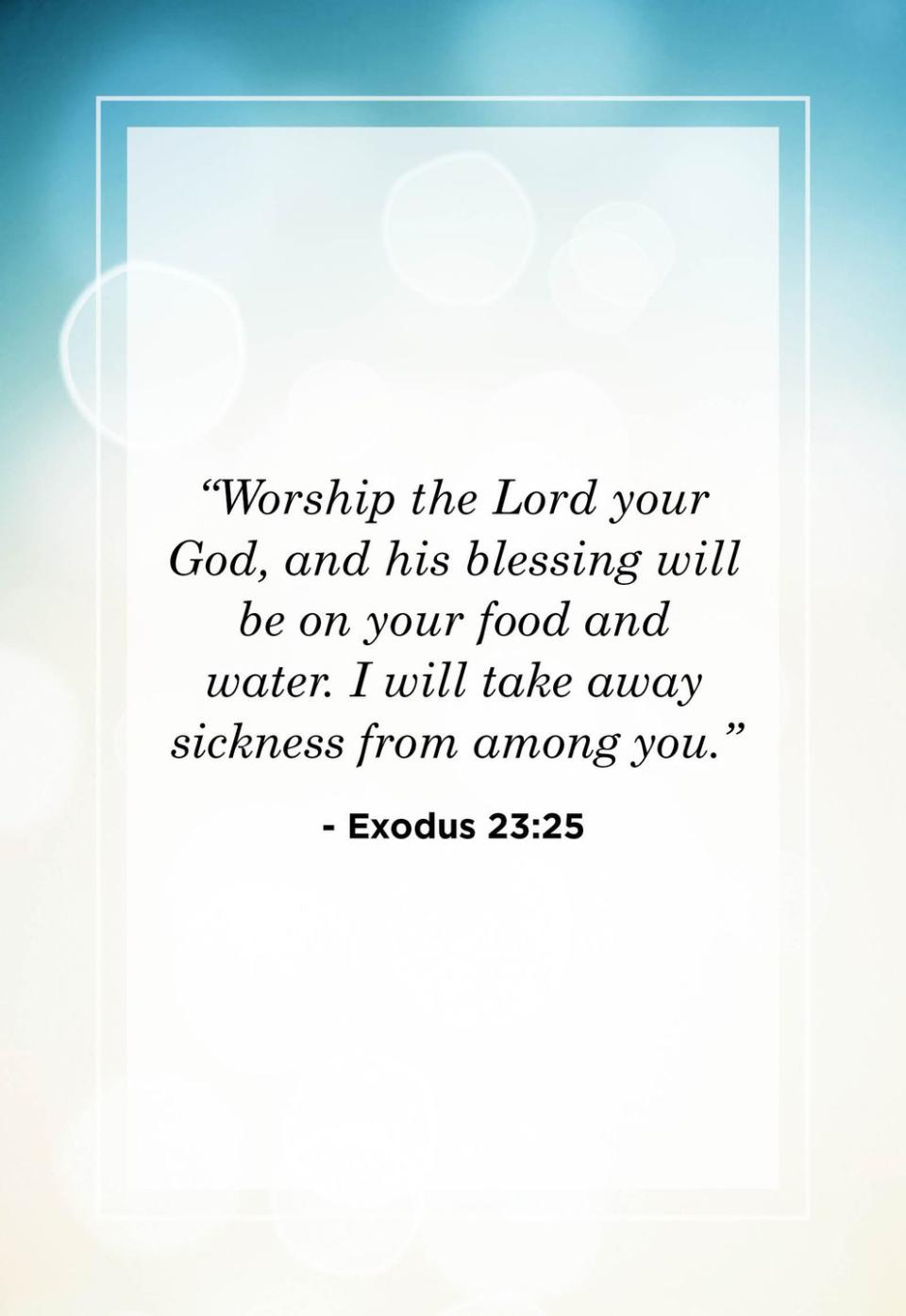 <p>"Worship the Lord your God, and his blessing will be on your food and water. I will take away sickness from among you."</p>