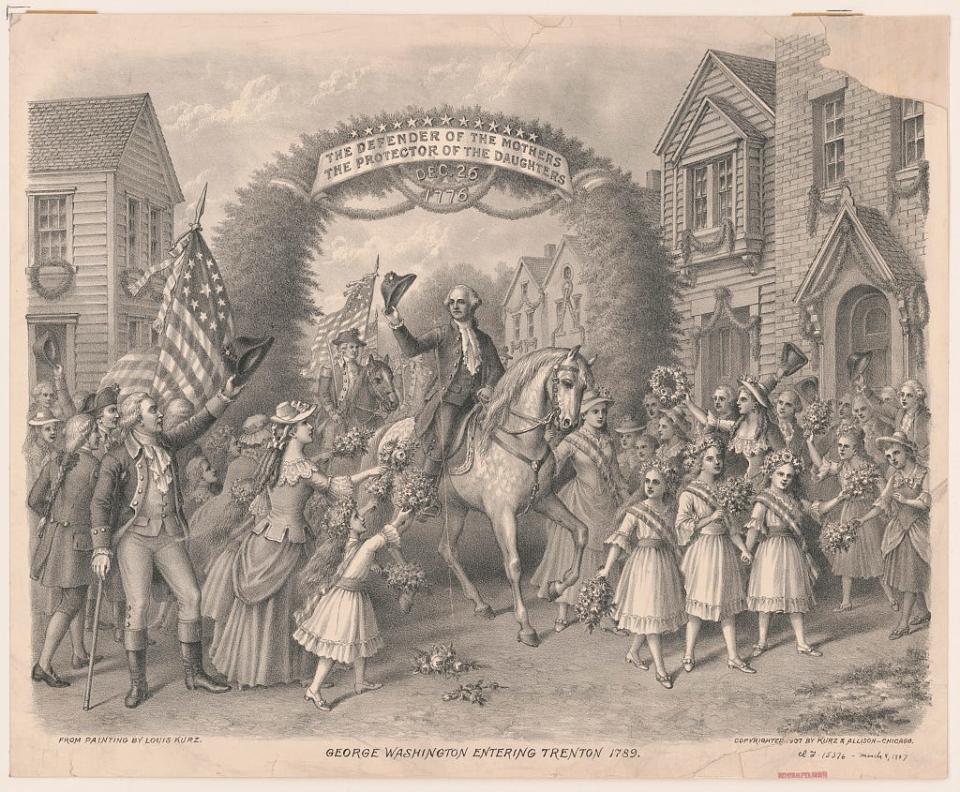 A Thomas Kelly engraving shows George Washington's reception on the bridge at Trenton in 1789 on his way to be inaugurated.