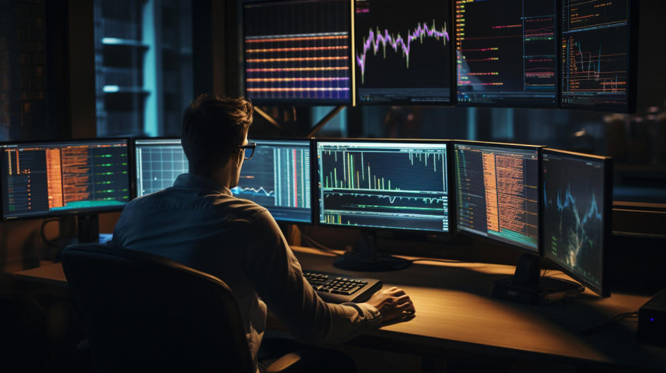 A financial analyst working at a desk of computer monitors reviewing data.