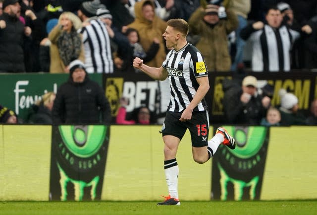 Newcastle's Harvey Barnes celebrates his equaliser against Luton