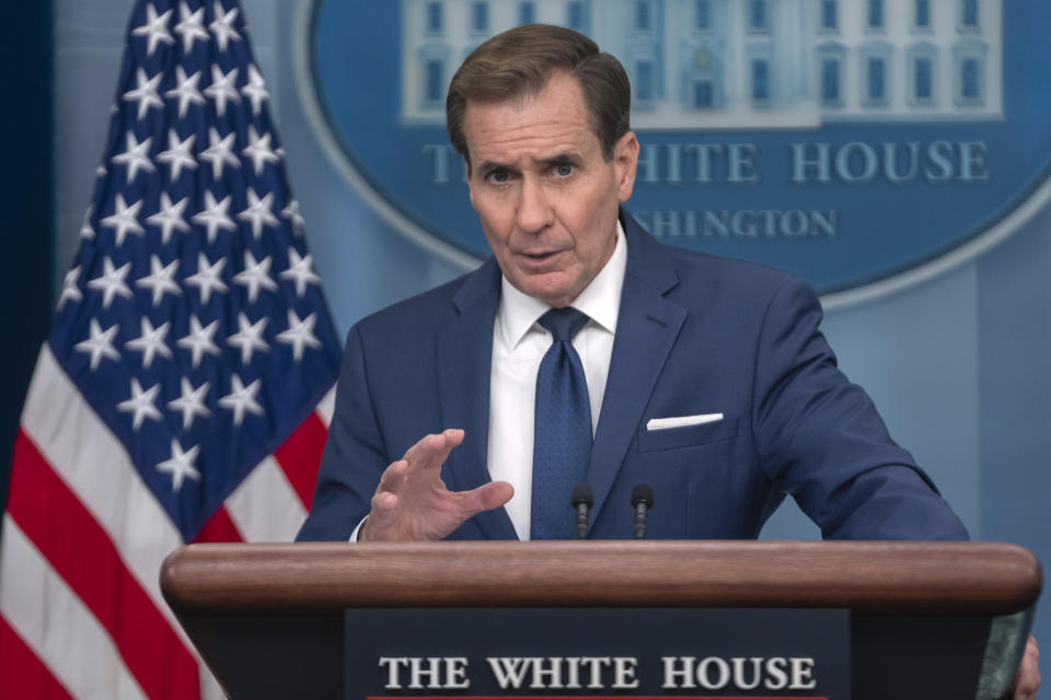 National Security Council spokesman John Kirby speaks Tuesday, Oct. 24, 2023, during a briefing at the White House in Washington. (AP Photo/Mark Schiefelbein)