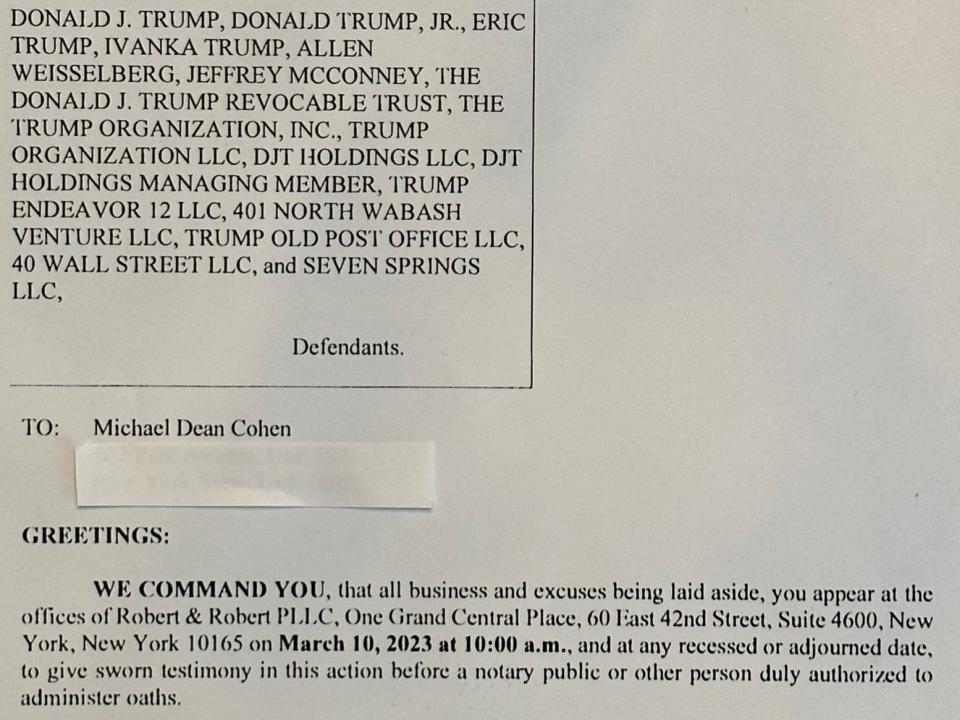 Michael Cohen's subpoena from the Trump defendants in New York Attorney General Letitia James' fraud lawsuit.