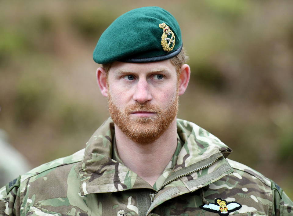 PLYMOUTH, ENGLAND - FEBRUARY 20: Prince Harry, Duke of Sussex, Captain General Royal Marines, visits 42 Commando Royal Marines at their base in Bickleigh to carry out a Green Beret presentation at Dartmoor National Park on February 20, 2019 in Plymouth, England. (Photo by Finnbarr Webster/Getty Images)