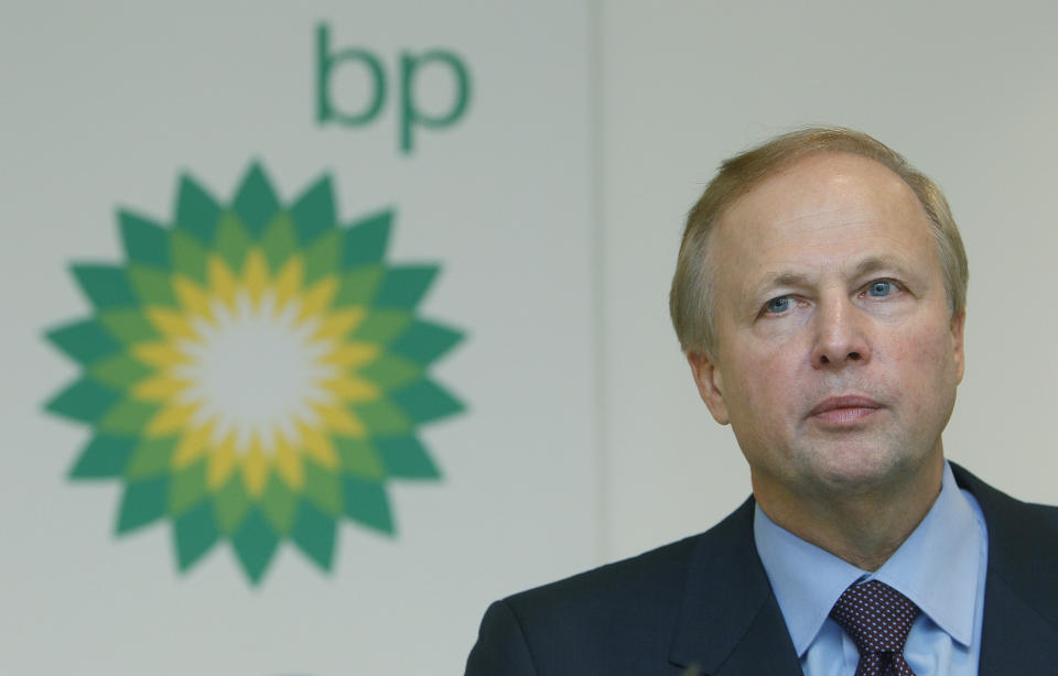 FILE - In this file photo dated Tuesday, Feb. 1, 2011, BP PLC's CEO Bob Dudley during a results media conference at their headquarters in London.  According to a company announcement Friday Oct. 4, 2019, Bob Dudley will step down as group chief executive in early February 2020, to be replaced by BP chief executive for upstream operations 49-year-old Bernard Looney. (AP Photo/Alastair Grant, FILE)