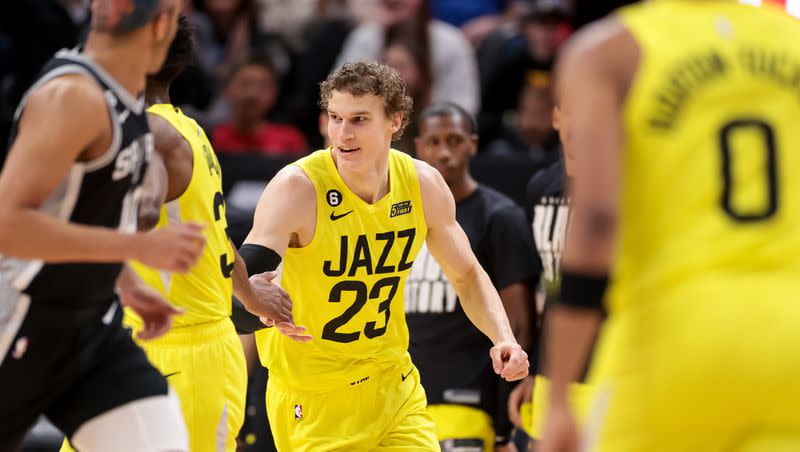 Utah Jazz forward Lauri Markkanen celebrates after a dunk during the game against the San Antonio Spurs at Vivint Arena in Salt Lake City on Tuesday, Feb. 28, 2023. Markkanen is seemingly a lock to make an All-NBA team this year.