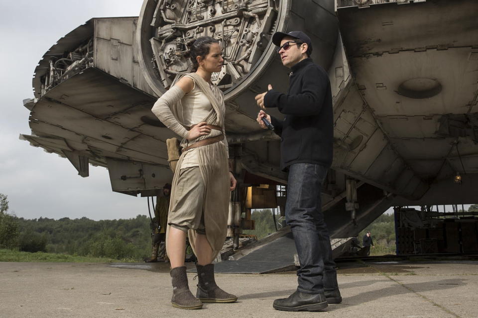 Daisy Ridley and J.J. Abrams on the set of Star Wars (Credit: Lucasfilm)