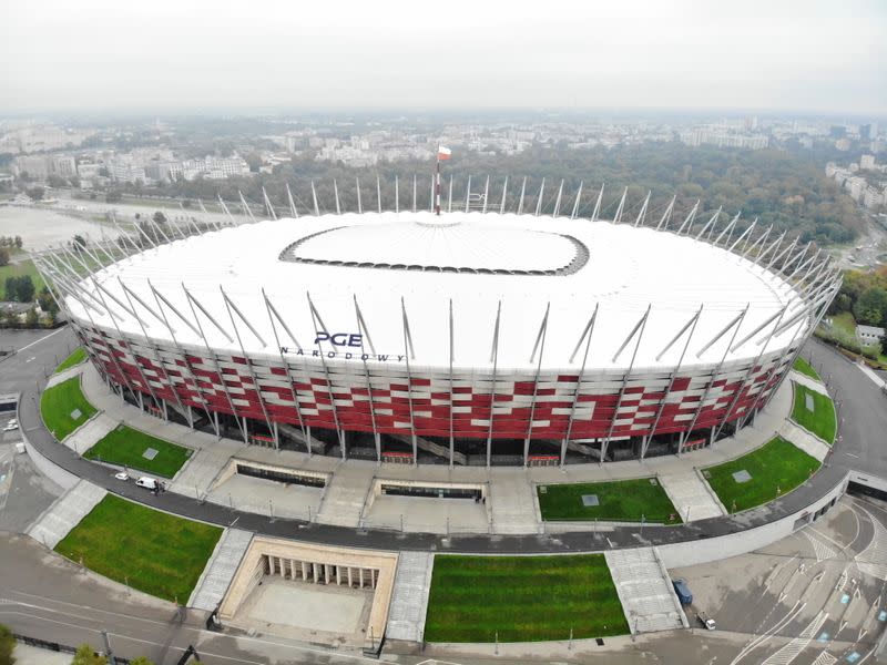 Drone pictures of the PGE National Stadium where the government builds special filed hospital for the coronavirus disease (COVID-19) in Warsaw