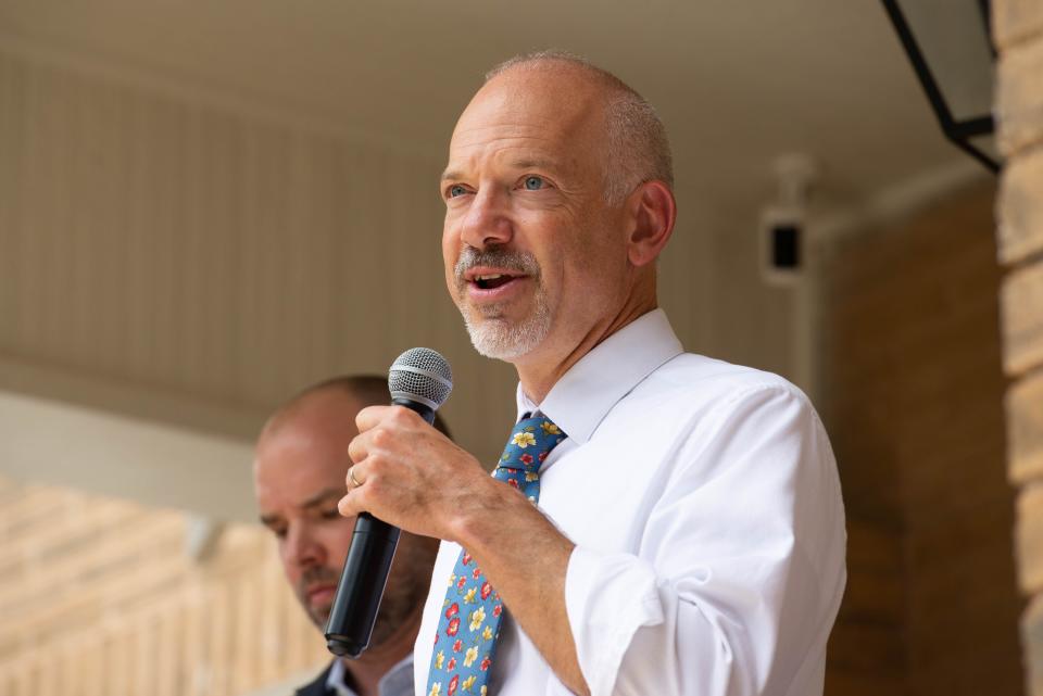 Athens-Clarke County Mayor Kelly Girtz speaks at the grand opening of ATHBNB’s The Rushmore on Aug. 5, 2021. Girtz is seeking a second term as mayor.