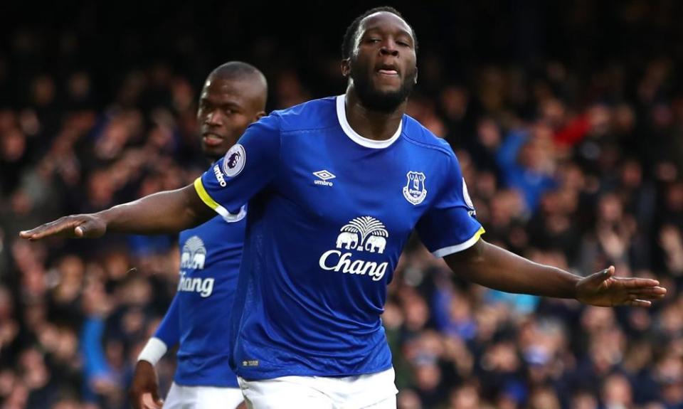 Romelu Lukaku celebrates scoring for Everton.