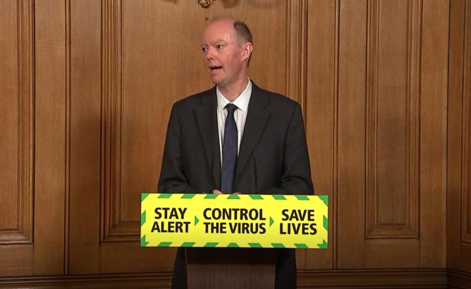 Screen grab of Chief Medical Officer Professor Chris Whitty during a media briefing in Downing Street, London, on coronavirus (COVID-19). (Photo by PA Video/PA Images via Getty Images)