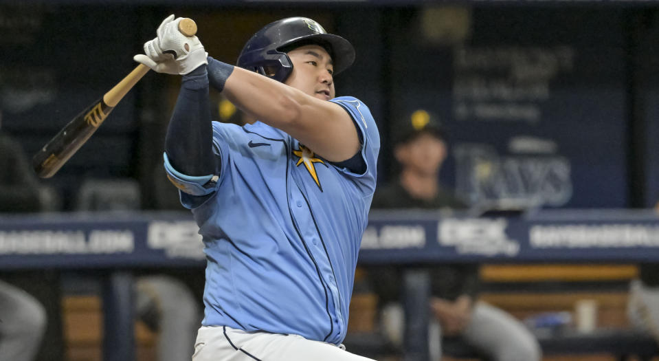 FILE - Tampa Bay Rays' Ji-Man Choi bats during a baseball game against the Pittsburgh Pirates, June 26, 2022, in St. Petersburg, Fla. Choi argued his case Thursday, Feb. 16, 2023, with the Pittsburgh Pirates, asking for a raise from $3.2 million to $5.4 million while the team argued for $4.65 million. (AP Photo/Steve Nesius, File)