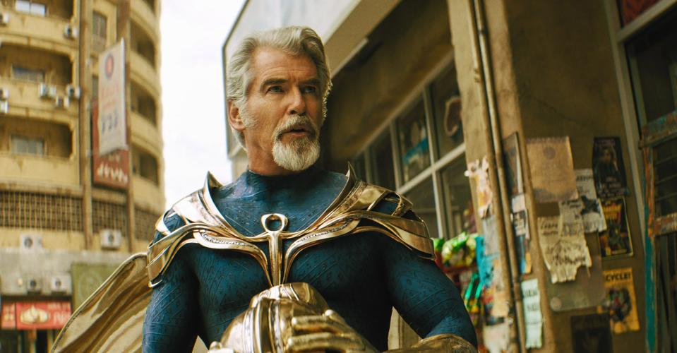 Pierce Brosnan steps out as superheroic Dr. Fate in "Black Adam."