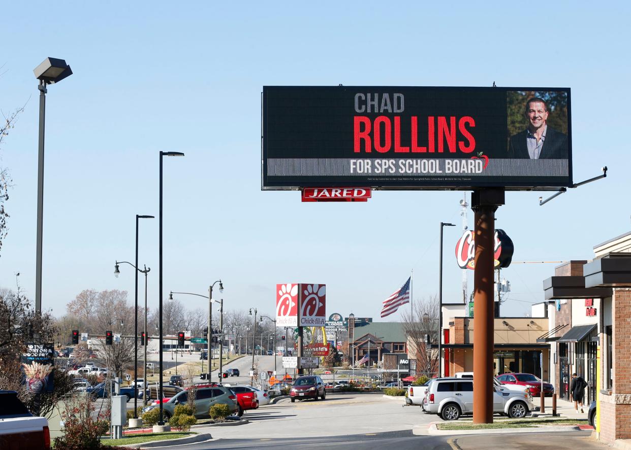 A billboard on West Sunshine Street for SPS School Board candidate Chad Rollins on Monday, Dec. 4, 2023.