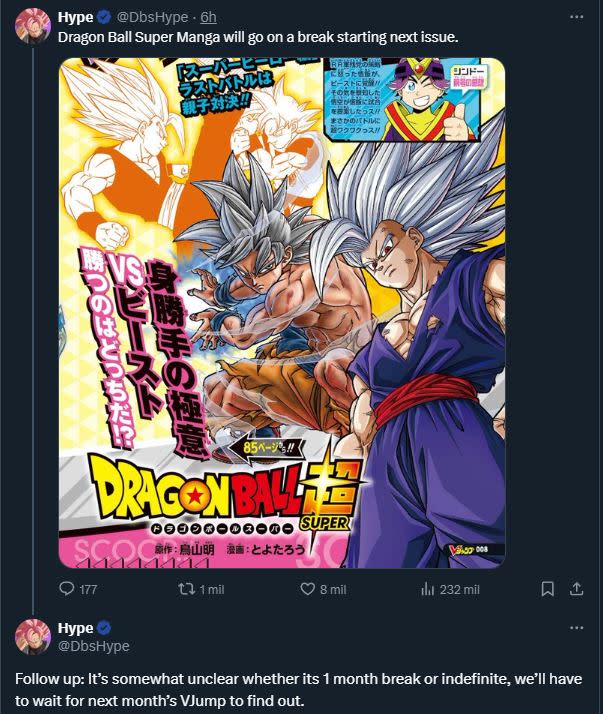 Se desconoce cuándo regresará el manga de Dragon Ball Super