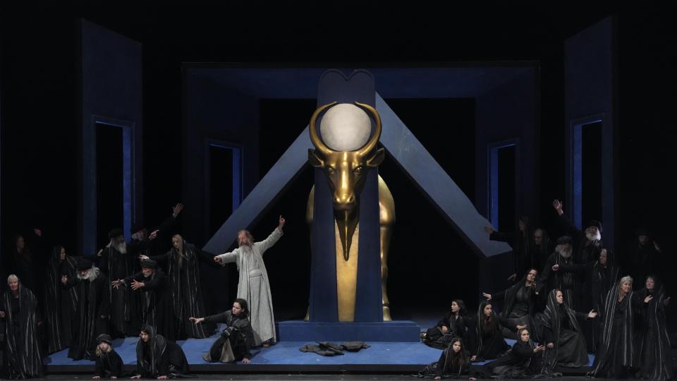 Cast members perform during the rehearsal of the 42nd Passion Play in Oberammergau, Germany, Wednesday, May 4, 2022. (AP Photo/Matthias Schrader)