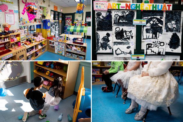 Top left: A view of a classroom in the Âu Cơ Preschool. Top right: Children's artwork on display. Bottom left: 