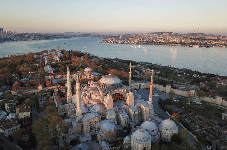 An aerial view of the Byzantine-era Hagia Sophia, one of Istanbul's main tourist attractions in the historic Sultanahmet district of Istanbul, Saturday, April 25, 2020. The 6th-century building is now at the center of a heated debate between conservative groups who want it to be reconverted into a mosque and those who believe the World Heritage site should remain a museum. (AP Photo)