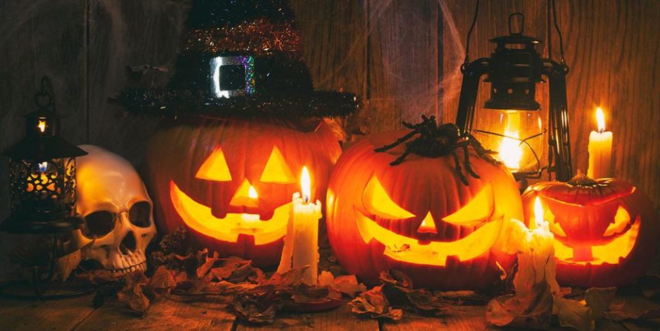 a row of jack o lanterns glowing against a wood backdrop