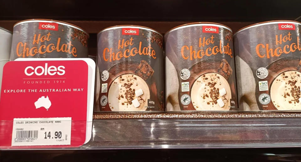 Coles hot chocolate displayed on shelf in Malaysian supermarket