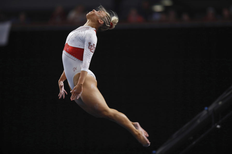 Utah's Sydney Soloski competes in the floor exercise during the NCAA college women's gymnastics championships, Saturday, April 16, 2022, in Fort Worth, Texas. (AP Photo/Gareth Patterson)