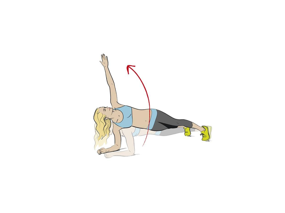 <p><strong>1/ </strong>Start in a low plank. Lift up your right hand, rotating onto your side so you are in a side plank (your feet will turn slightly, too).</p><p><strong>2/ </strong>Hold for 3 secs before returning to centre. Repeat on the other side.<br></p>