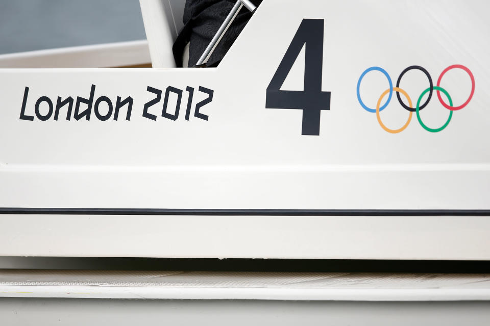 A general view of the London 2012 sign and Olympic rings on the side of a boat on Day 6 of the London 2012 Olympic Games at Eton Dorney on August 2, 2012 in Windsor, England. (Photo by Jamie Squire/Getty Images)