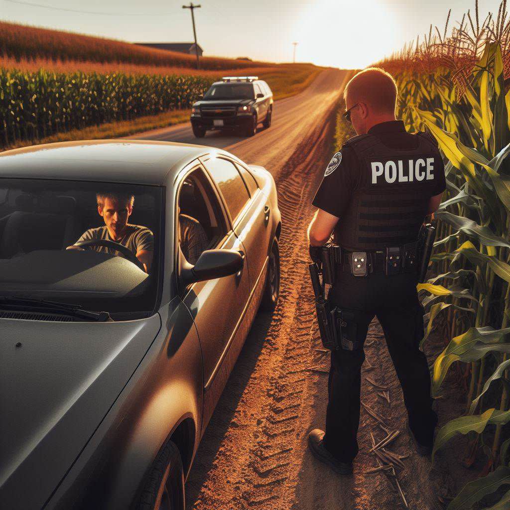 Police pull over a speeding car in Iowa near cornfields