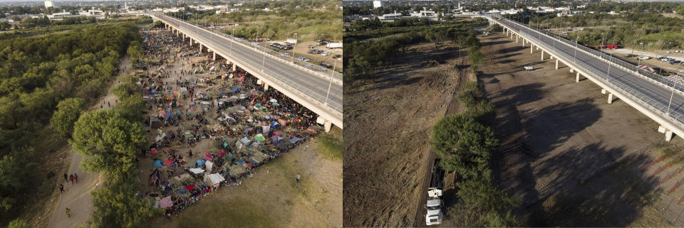 This photo combination shows an area where migrants, many from Haiti, were encamped along the Del Rio International Bridge on Tuesday, Sept. 21, 2021, and a photo showing the area after it was cleared off by authorities, Saturday, Sept. 25, 2021, in Del Rio, Texas. (AP Photo/Julio Cortez)