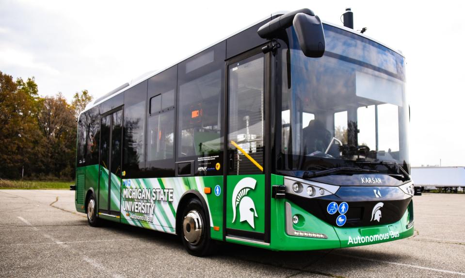 Michigan State University's electric autonomous bus was unveiled during a press conference and demonstration on campus Friday, Nov. 5, 2021.