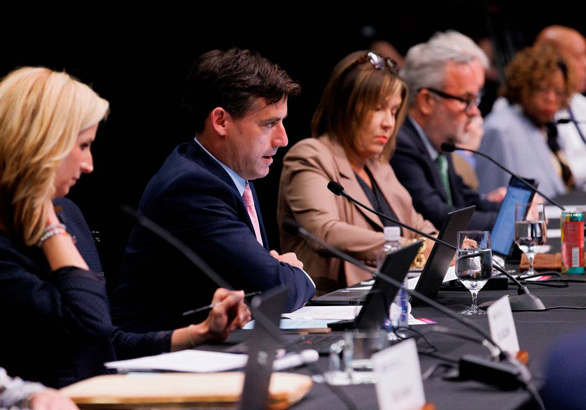 Andrew Tripp, General Counsel for the UNC System, speaks during a meeting of the UNC System Board of Governors’ University Governance committee on Wednesday, April 17, 2024, in Winston-Salem, N.C.